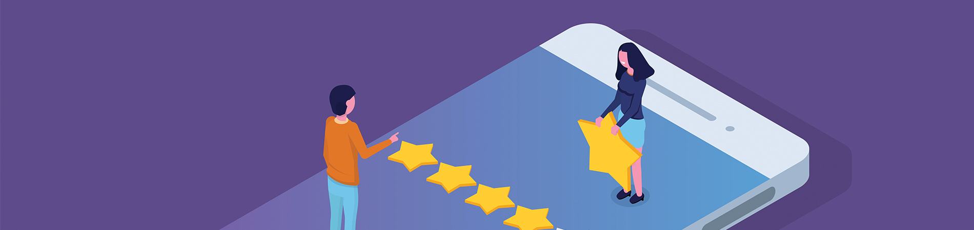 Illustration of individuals giving 5 stars to improve online reputation for a business